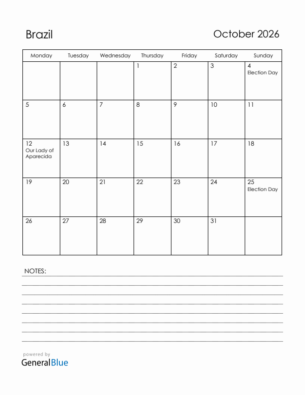 October 2026 Brazil Calendar with Holidays (Monday Start)