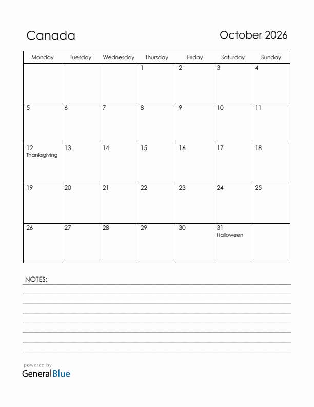 October 2026 Canada Calendar with Holidays (Monday Start)