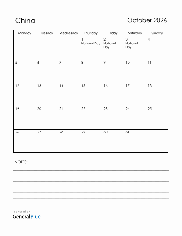 October 2026 China Calendar with Holidays (Monday Start)