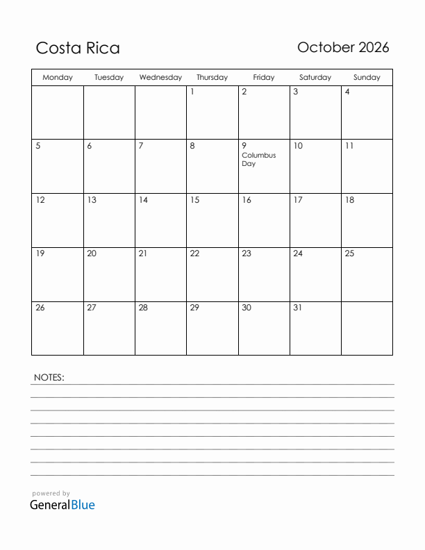 October 2026 Costa Rica Calendar with Holidays (Monday Start)