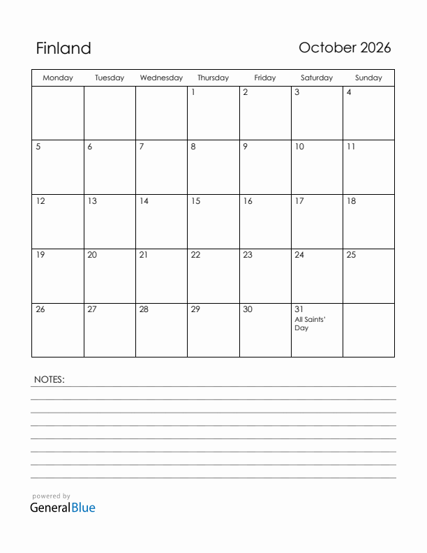 October 2026 Finland Calendar with Holidays (Monday Start)