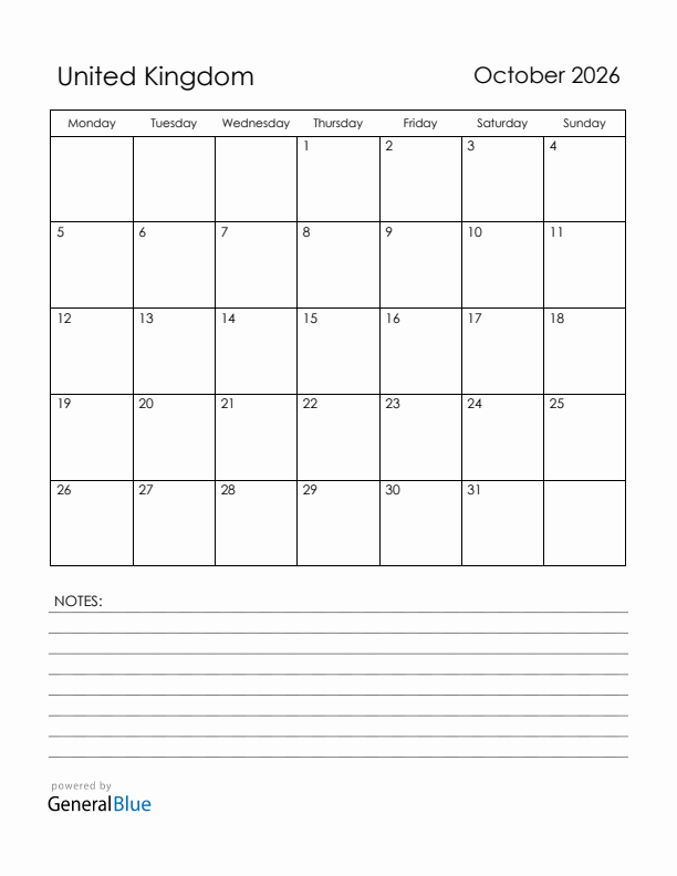 October 2026 United Kingdom Calendar with Holidays (Monday Start)