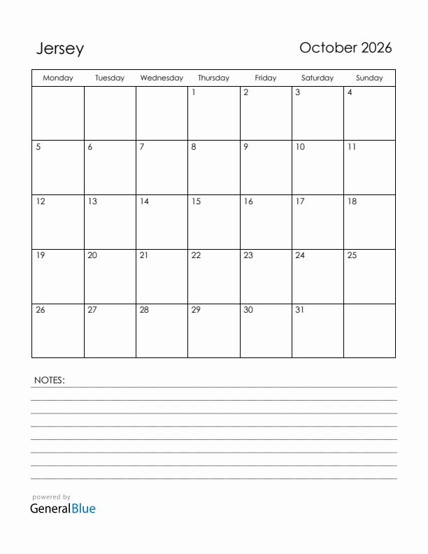 October 2026 Jersey Calendar with Holidays (Monday Start)