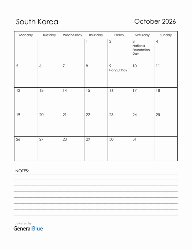 October 2026 South Korea Calendar with Holidays (Monday Start)