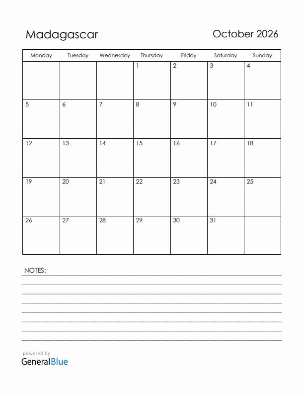 October 2026 Madagascar Calendar with Holidays (Monday Start)