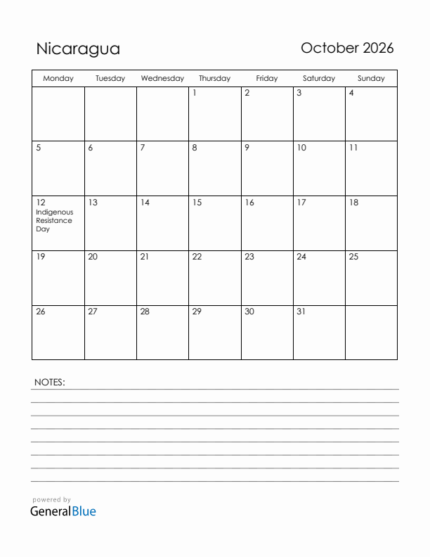 October 2026 Nicaragua Calendar with Holidays (Monday Start)