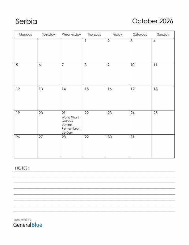 October 2026 Serbia Calendar with Holidays (Monday Start)