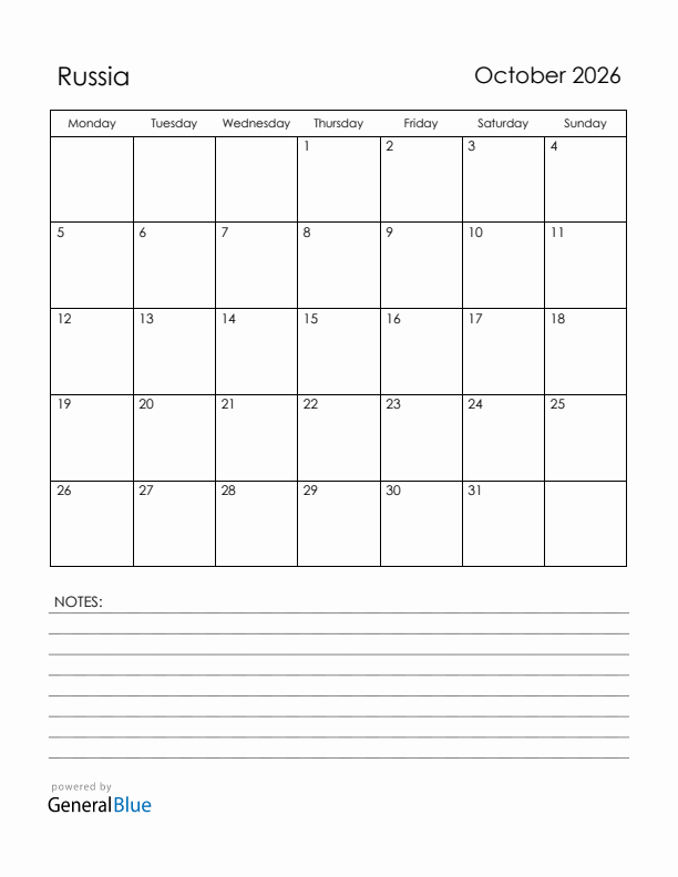 October 2026 Russia Calendar with Holidays (Monday Start)