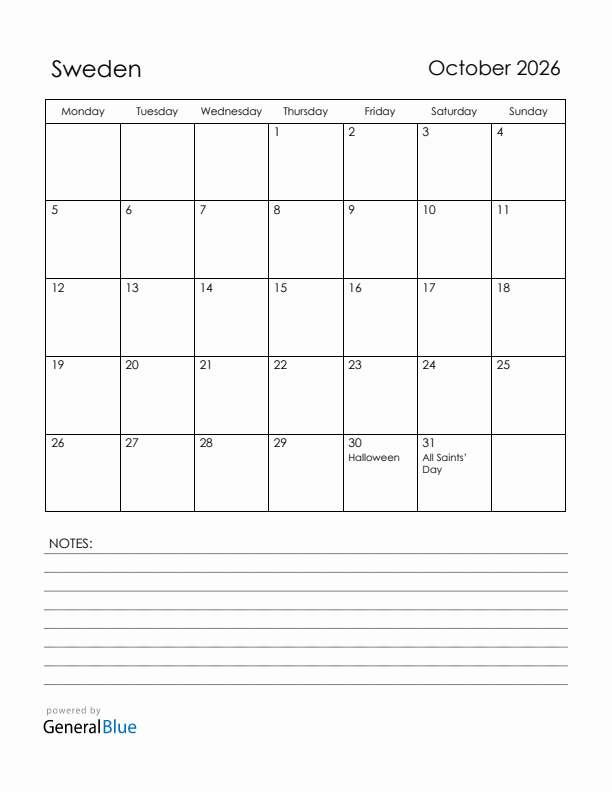 October 2026 Sweden Calendar with Holidays (Monday Start)