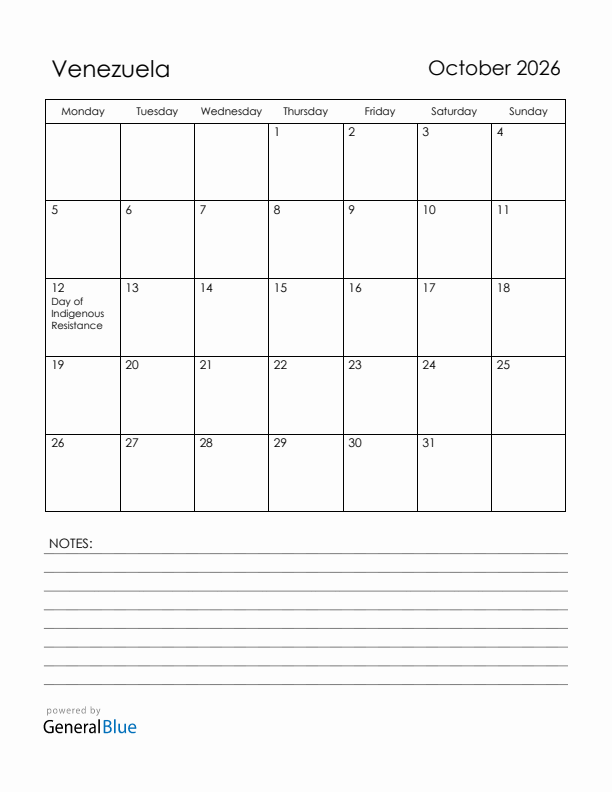 October 2026 Venezuela Calendar with Holidays (Monday Start)