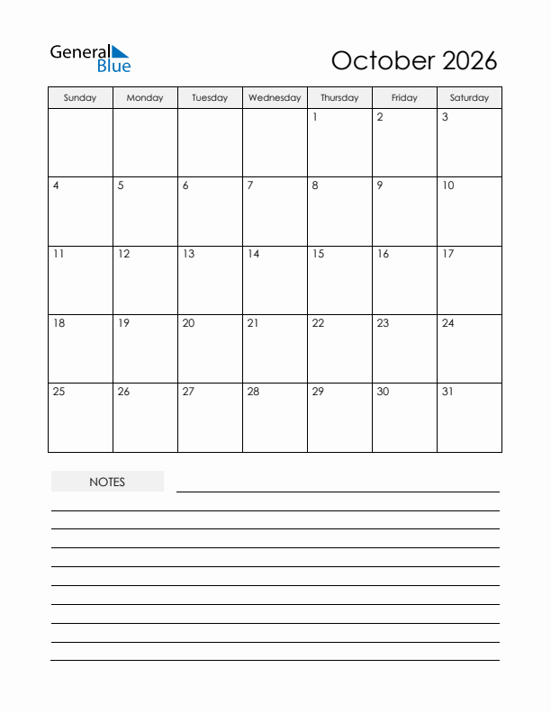 Printable Calendar with Notes - October 2026 