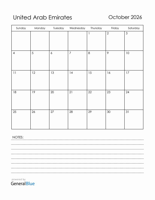 October 2026 United Arab Emirates Calendar with Holidays (Sunday Start)