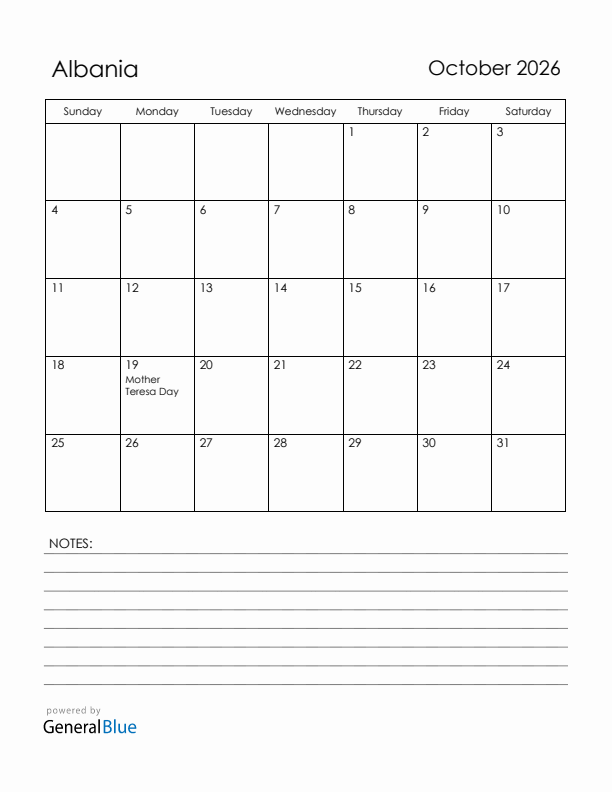 October 2026 Albania Calendar with Holidays (Sunday Start)