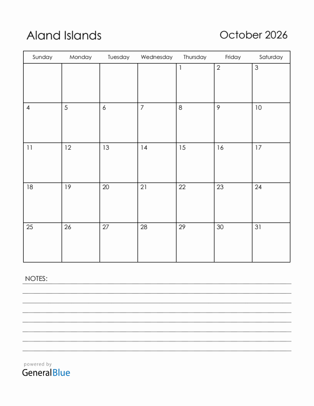 October 2026 Aland Islands Calendar with Holidays (Sunday Start)