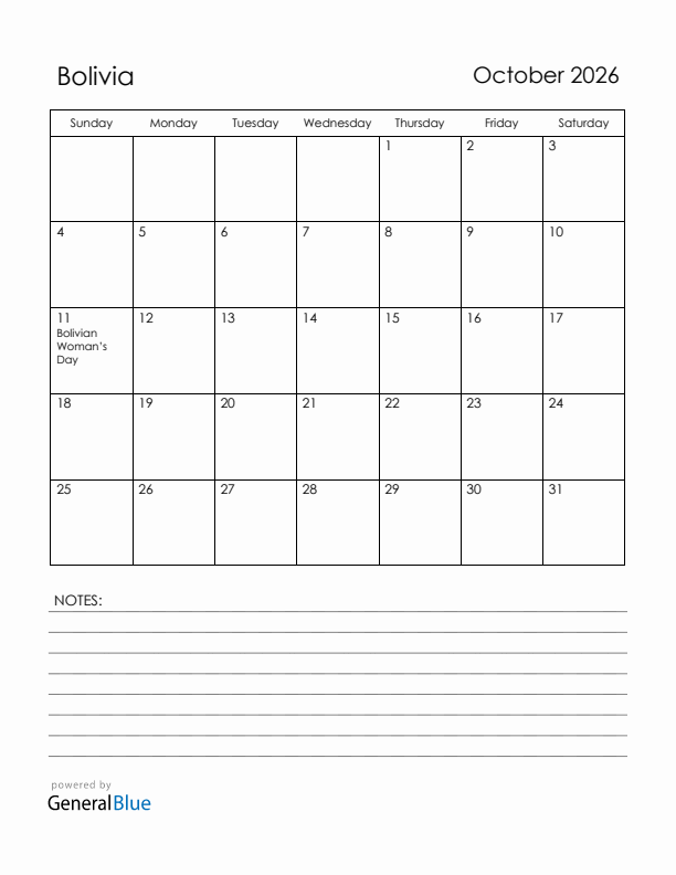 October 2026 Bolivia Calendar with Holidays (Sunday Start)