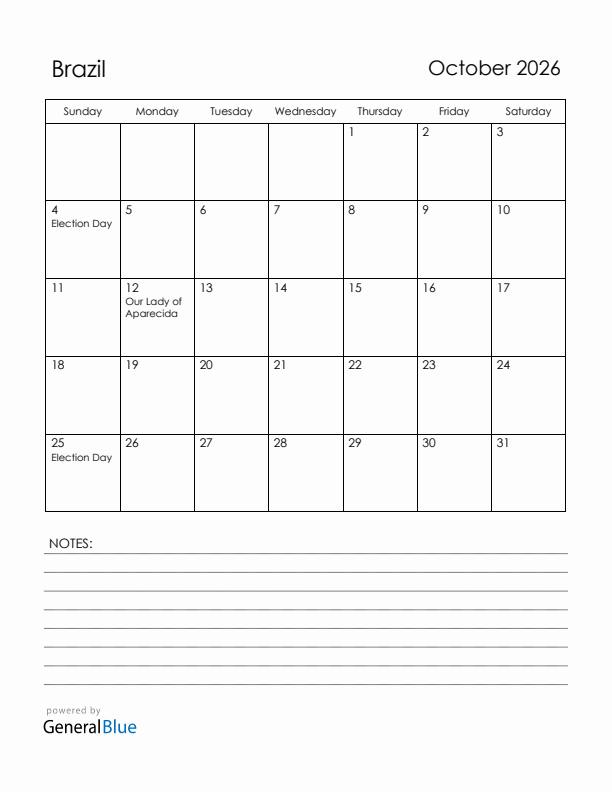 October 2026 Brazil Calendar with Holidays (Sunday Start)