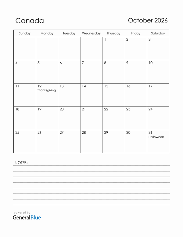 October 2026 Canada Calendar with Holidays (Sunday Start)