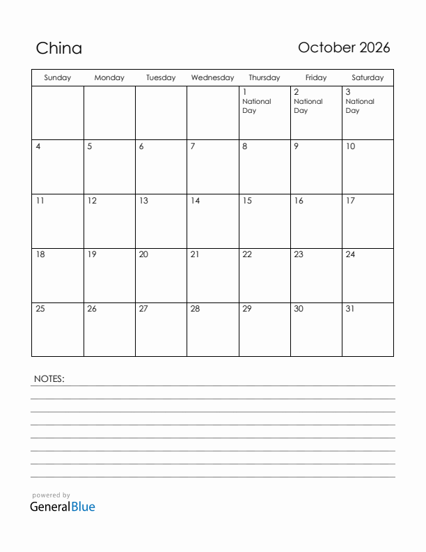 October 2026 China Calendar with Holidays (Sunday Start)