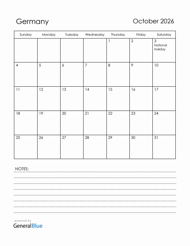 October 2026 Germany Calendar with Holidays (Sunday Start)