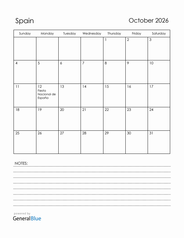 October 2026 Spain Calendar with Holidays (Sunday Start)