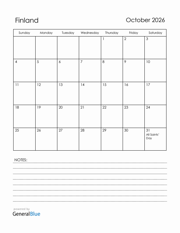 October 2026 Finland Calendar with Holidays (Sunday Start)