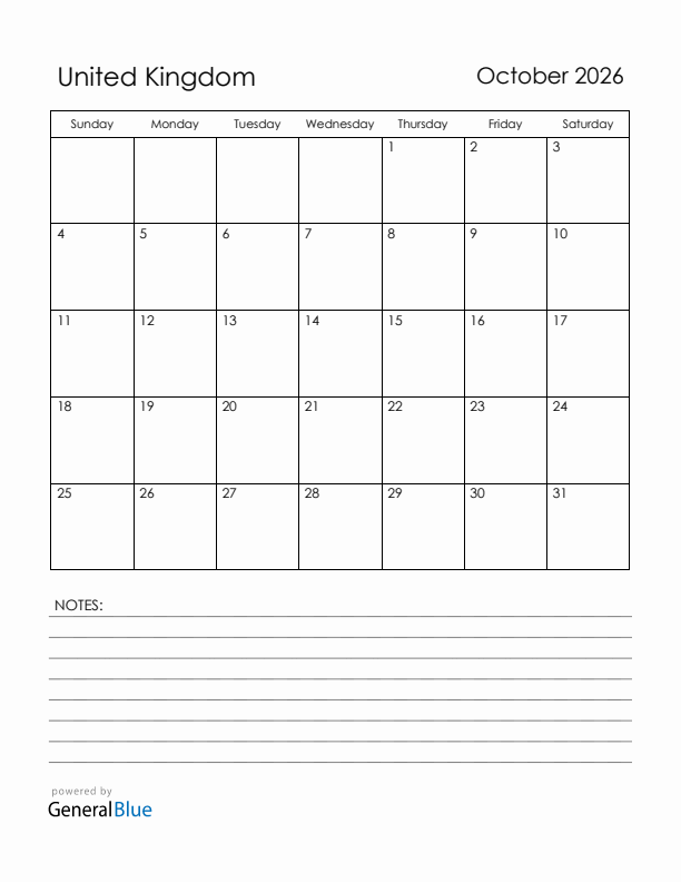 October 2026 United Kingdom Calendar with Holidays (Sunday Start)
