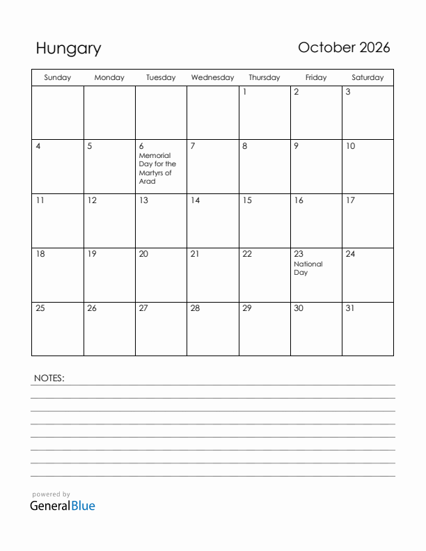 October 2026 Hungary Calendar with Holidays (Sunday Start)