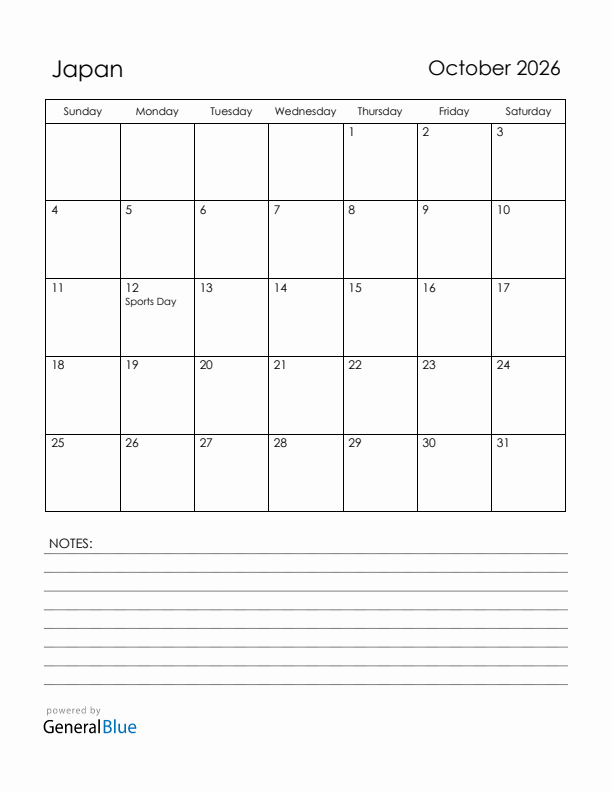 October 2026 Japan Calendar with Holidays (Sunday Start)