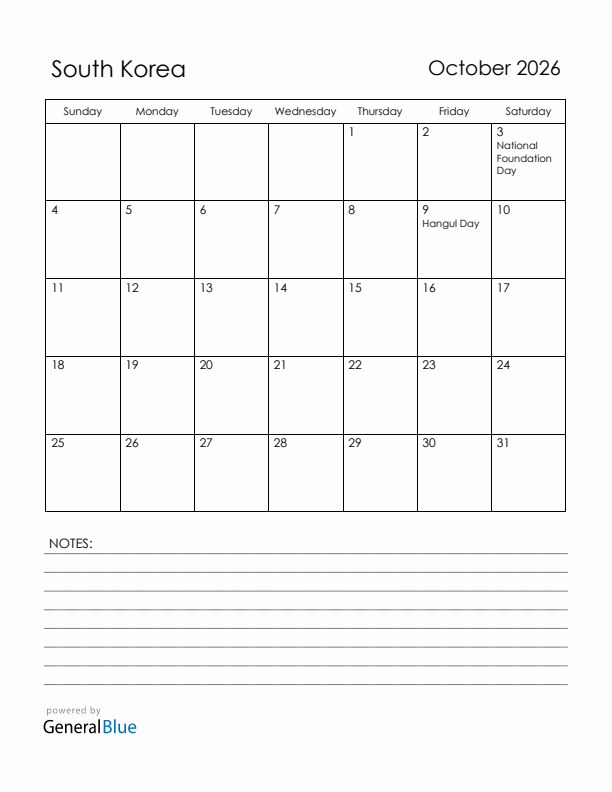 October 2026 South Korea Calendar with Holidays (Sunday Start)