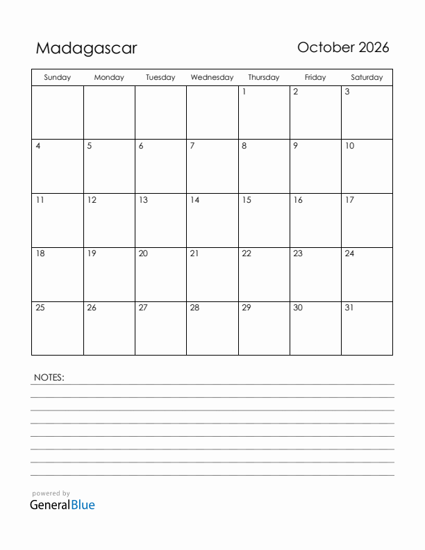 October 2026 Madagascar Calendar with Holidays (Sunday Start)