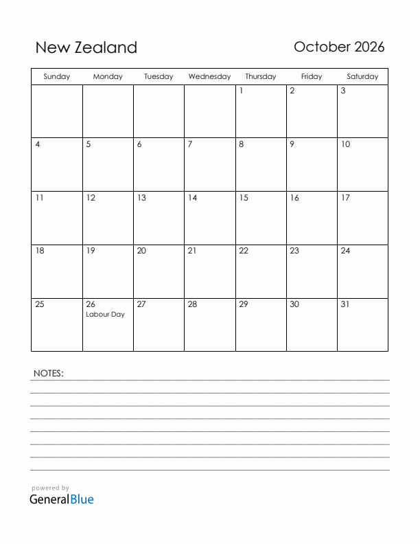 October 2026 New Zealand Calendar with Holidays (Sunday Start)