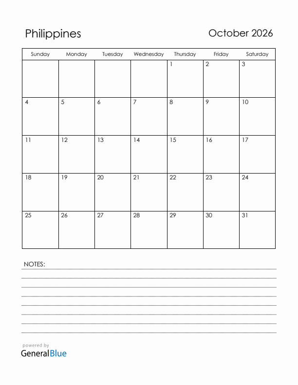 October 2026 Philippines Calendar with Holidays (Sunday Start)