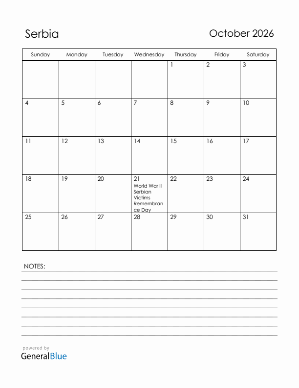 October 2026 Serbia Calendar with Holidays (Sunday Start)