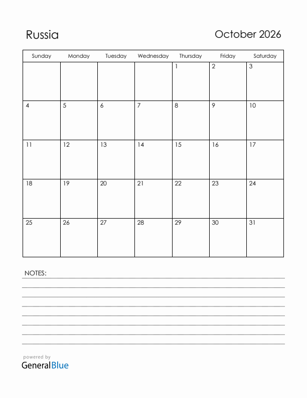 October 2026 Russia Calendar with Holidays (Sunday Start)