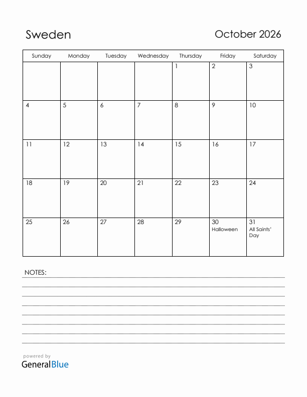 October 2026 Sweden Calendar with Holidays (Sunday Start)
