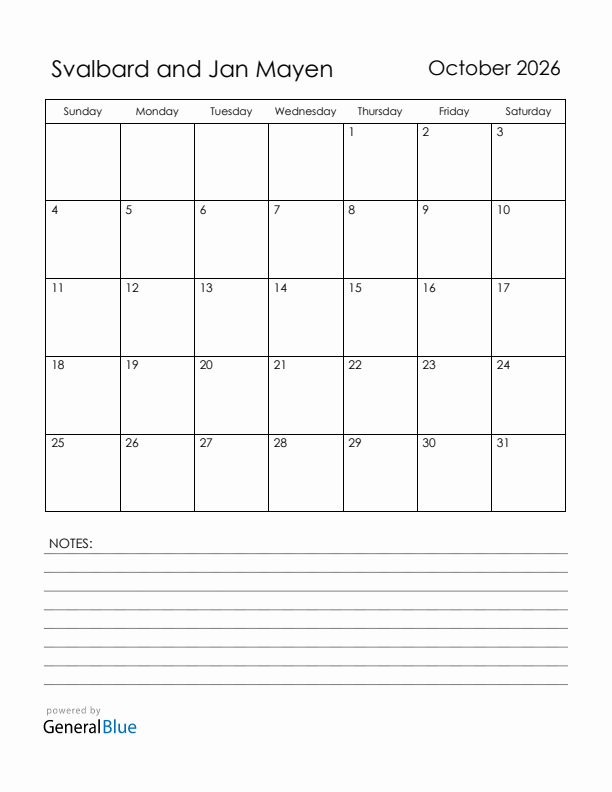 October 2026 Svalbard and Jan Mayen Calendar with Holidays (Sunday Start)