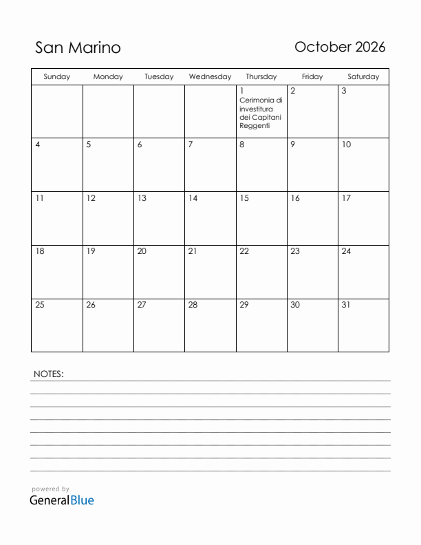 October 2026 San Marino Calendar with Holidays (Sunday Start)