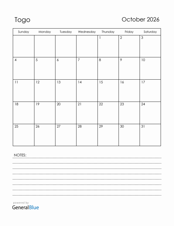 October 2026 Togo Calendar with Holidays (Sunday Start)