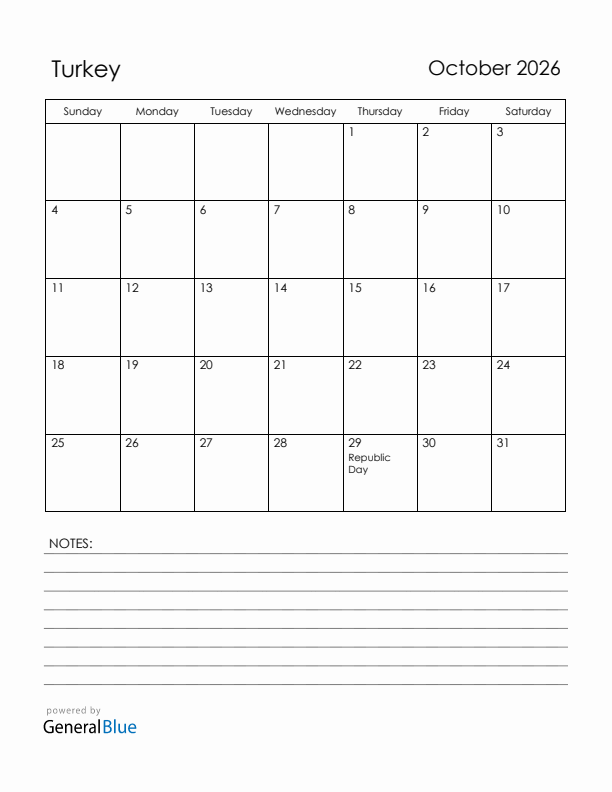 October 2026 Turkey Calendar with Holidays (Sunday Start)