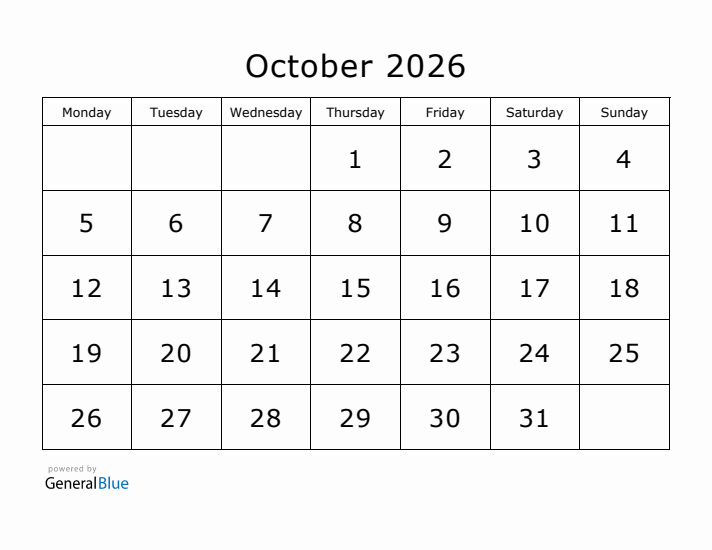 Printable October 2026 Calendar - Monday Start