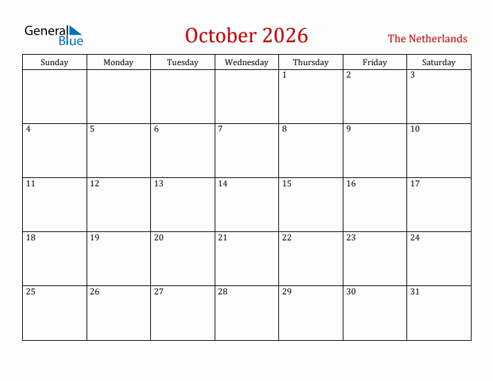 The Netherlands October 2026 Calendar - Sunday Start