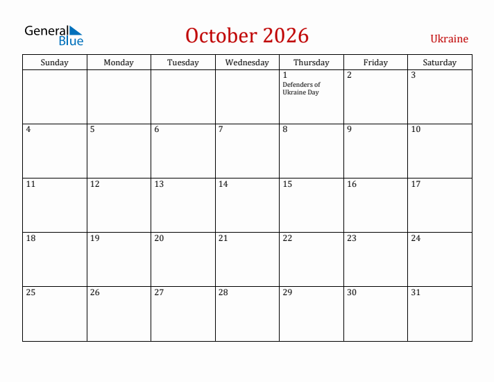 Ukraine October 2026 Calendar - Sunday Start