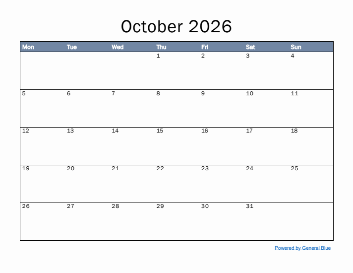 October 2026 Simple Month Calendar Template