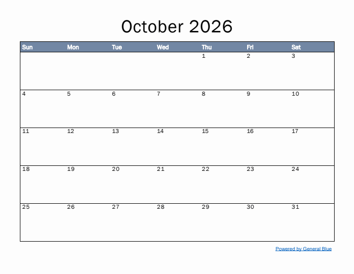 October 2026 Simple Month Calendar Template