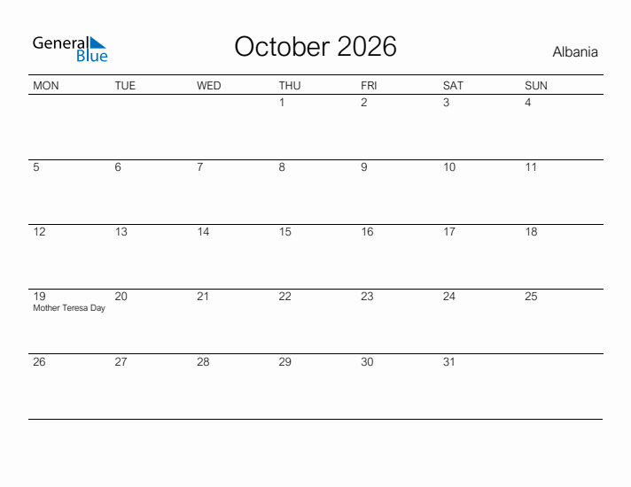 Printable October 2026 Calendar for Albania