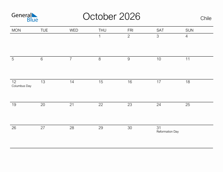 Printable October 2026 Calendar for Chile