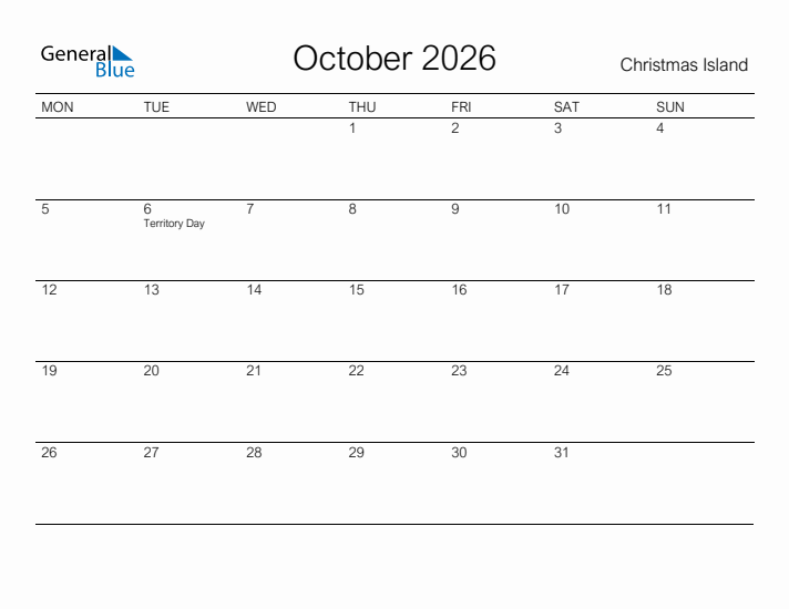 Printable October 2026 Calendar for Christmas Island