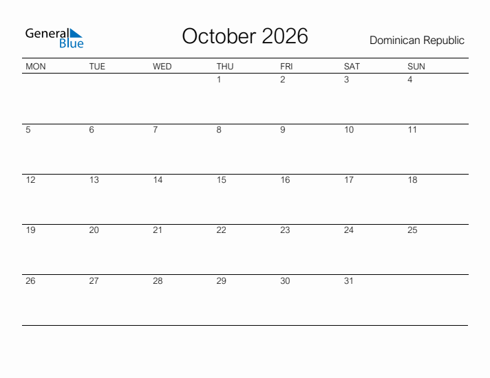 Printable October 2026 Calendar for Dominican Republic