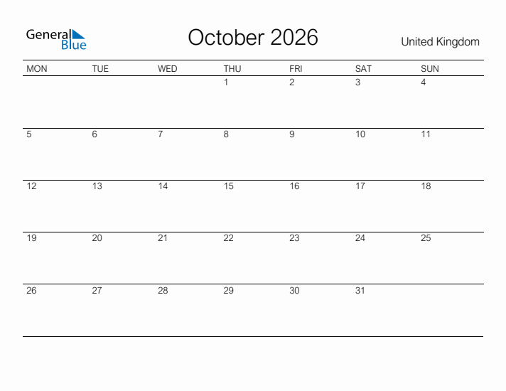 Printable October 2026 Calendar for United Kingdom