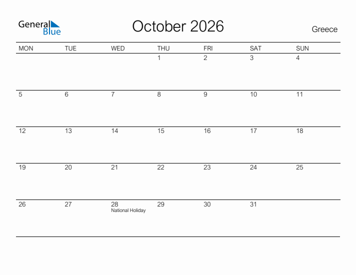 Printable October 2026 Calendar for Greece